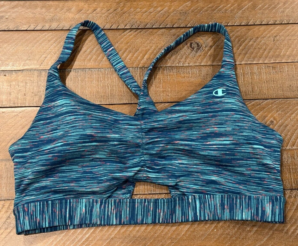 Champion Women's Soft Touch Eco Ruched Sports Bra Blue Workout - Size L